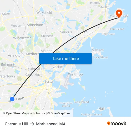 Chestnut Hill to Marblehead, MA map