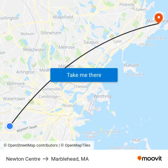 Newton Centre to Marblehead, MA map