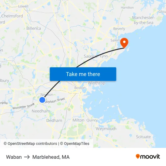 Waban to Marblehead, MA map