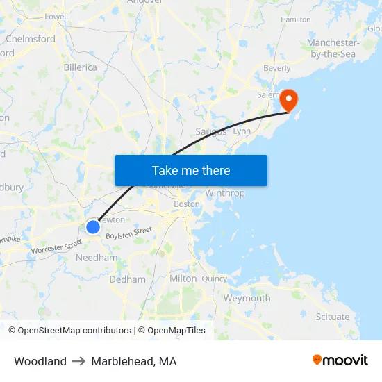 Woodland to Marblehead, MA map