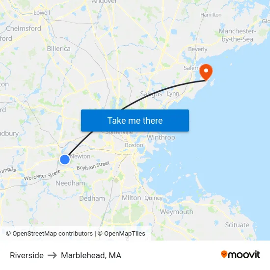 Riverside to Marblehead, MA map