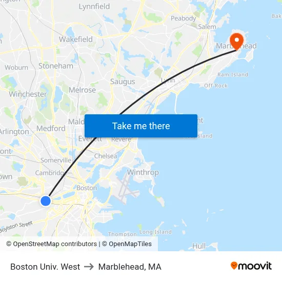 Boston Univ. West to Marblehead, MA map