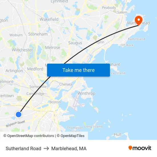 Sutherland Road to Marblehead, MA map