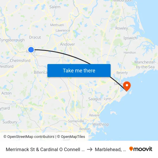 Merrimack St & Cardinal O Connell Pkwy to Marblehead, MA map