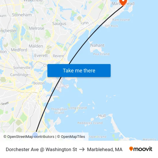Dorchester Ave @ Washington St to Marblehead, MA map