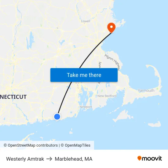 Westerly Amtrak to Marblehead, MA map