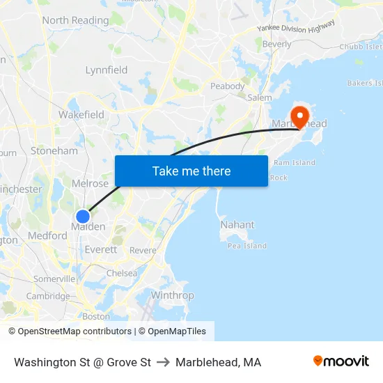 Washington St @ Grove St to Marblehead, MA map