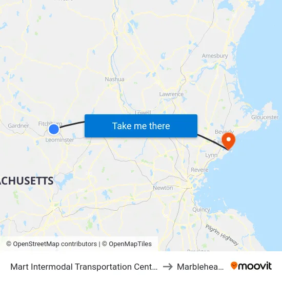 Mart Intermodal Transportation Center, Fitchburg to Marblehead, MA map