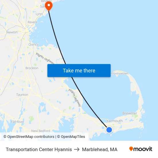 Transportation Center Hyannis to Marblehead, MA map