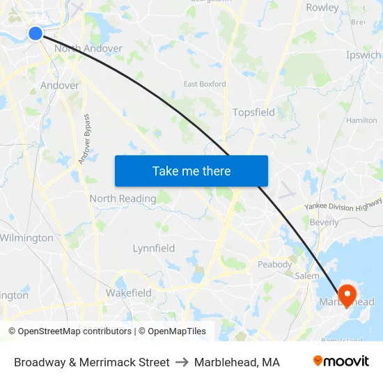 Broadway & Merrimack Street to Marblehead, MA map