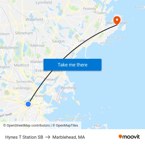 Hynes T Station SB to Marblehead, MA map