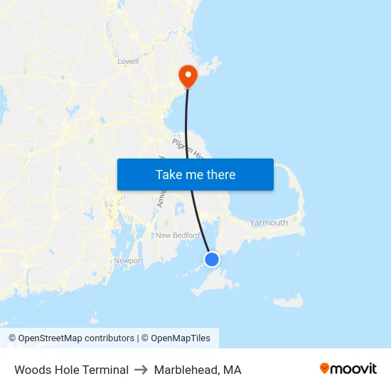 Woods Hole Terminal to Marblehead, MA map