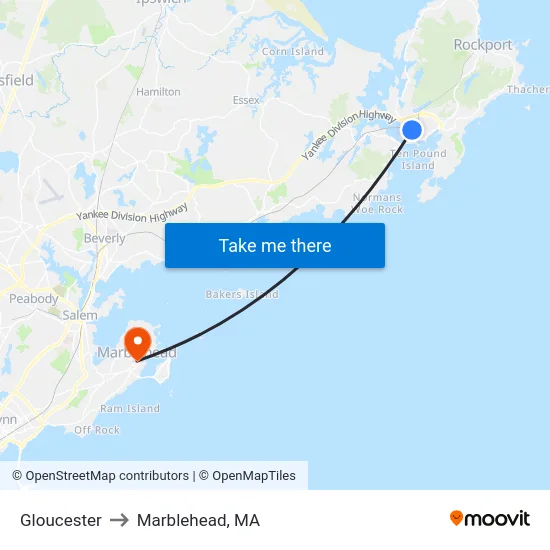 Gloucester to Marblehead, MA map