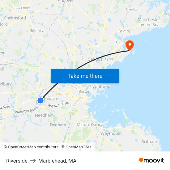 Riverside to Marblehead, MA map