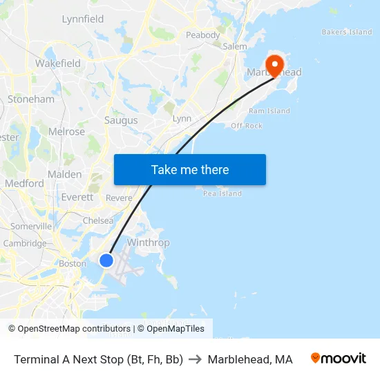 Terminal A Next Stop (Bt, Fh, Bb) to Marblehead, MA map