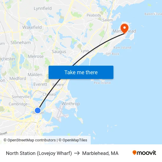 North Station (Lovejoy Wharf) to Marblehead, MA map