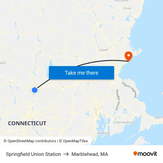 Springfield Union Station to Marblehead, MA map