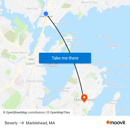 Beverly to Marblehead, MA map