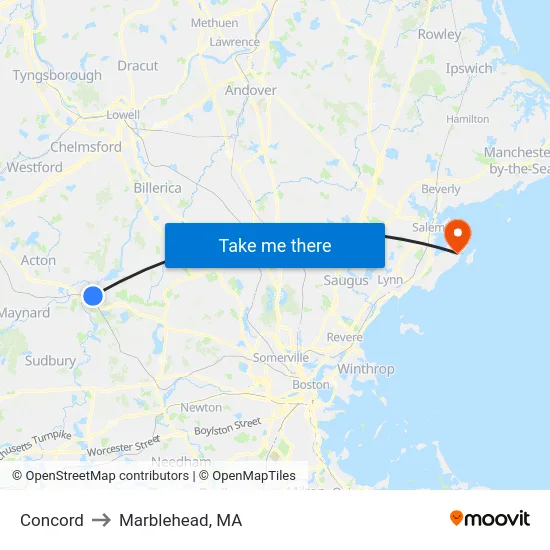 Concord to Marblehead, MA map