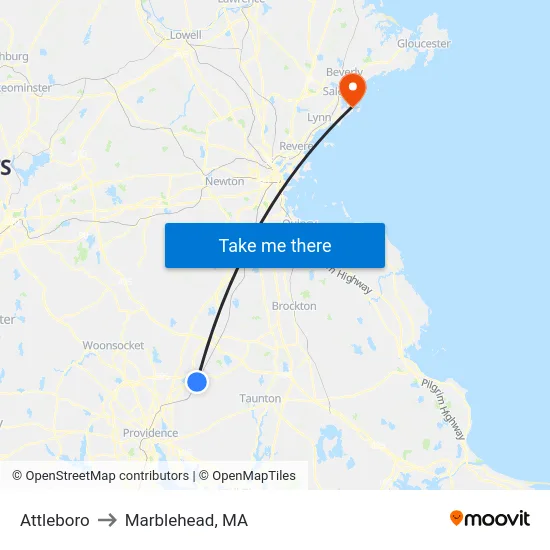 Attleboro to Marblehead, MA map
