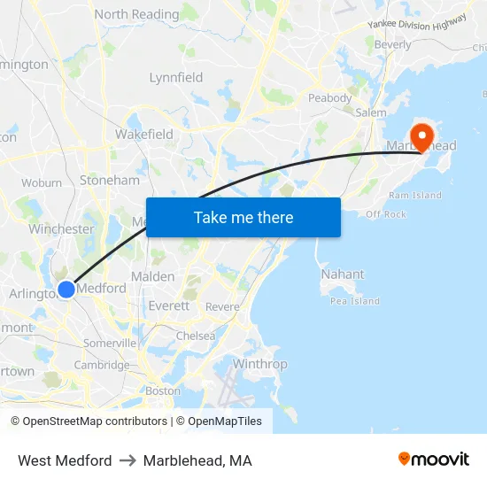 West Medford to Marblehead, MA map