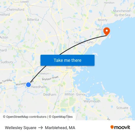 Wellesley Square to Marblehead, MA map