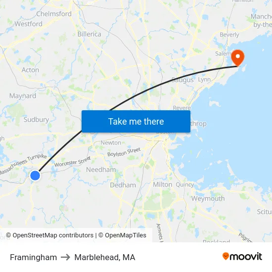 Framingham to Marblehead, MA map