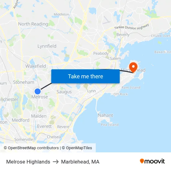 Melrose Highlands to Marblehead, MA map