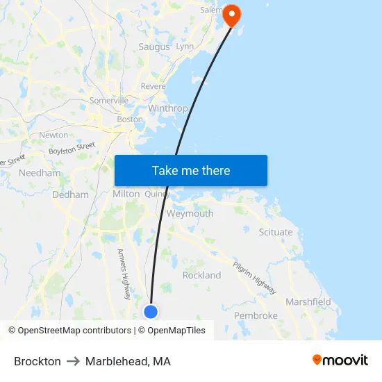 Brockton to Marblehead, MA map