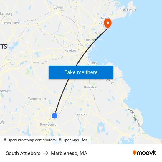 South Attleboro to Marblehead, MA map
