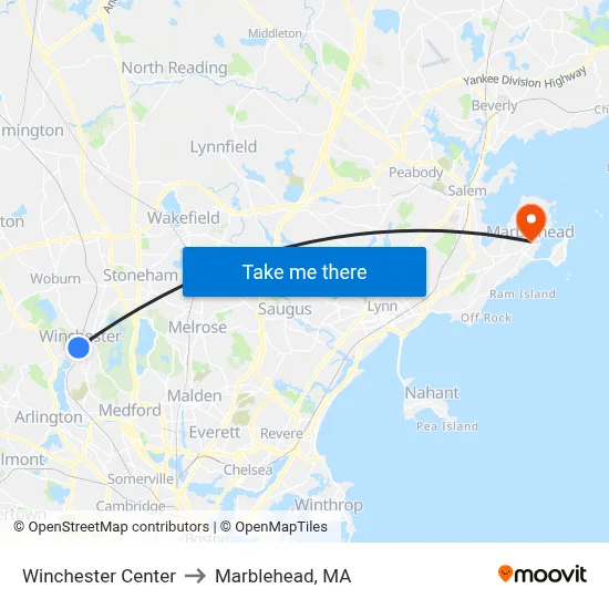 Winchester Center to Marblehead, MA map