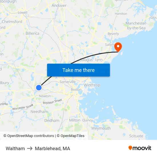 Waltham to Marblehead, MA map