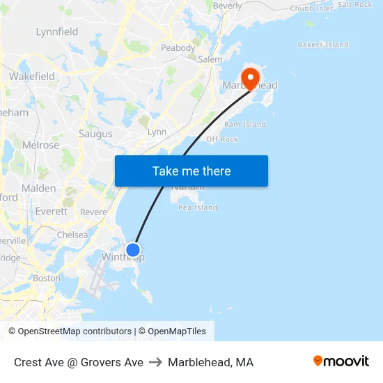 Crest Ave @ Grovers Ave to Marblehead, MA map