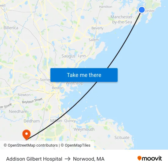 Addison Gilbert Hospital to Norwood, MA map