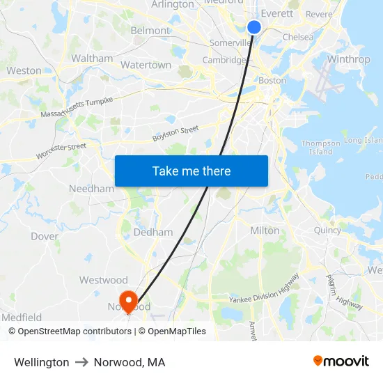 Wellington to Norwood, MA map