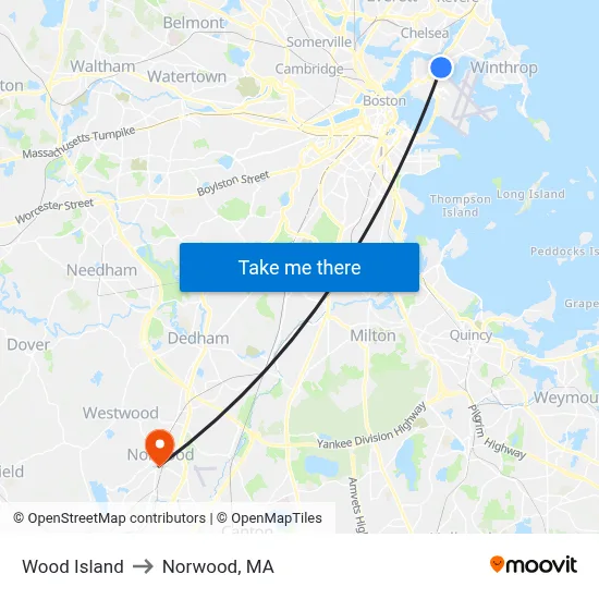 Wood Island to Norwood, MA map