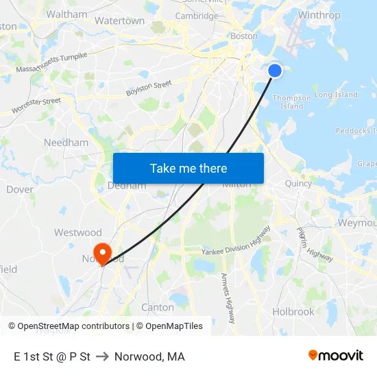 E 1st St @ P St to Norwood, MA map