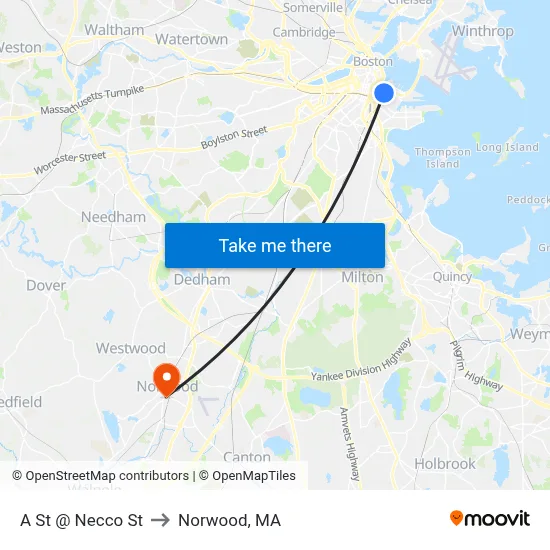 A St @ Necco St to Norwood, MA map