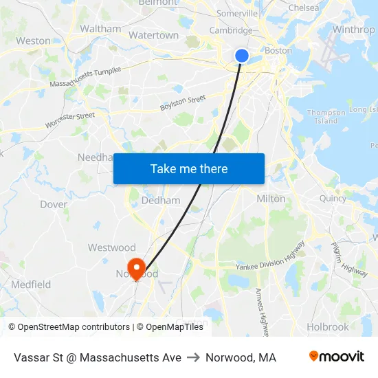 Vassar St @ Massachusetts Ave to Norwood, MA map