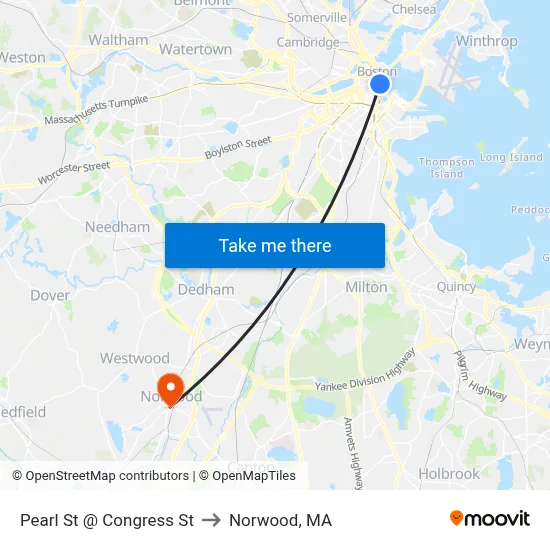 Pearl St @ Congress St to Norwood, MA map