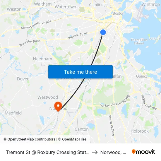 Tremont St @ Roxbury Crossing Station to Norwood, MA map