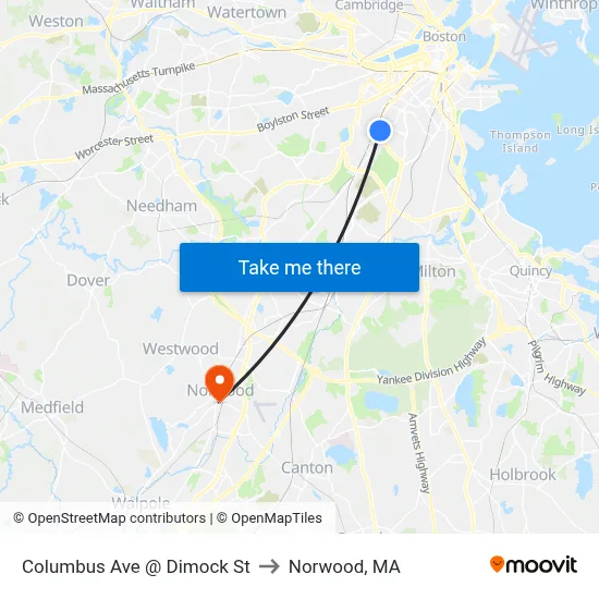Columbus Ave @ Dimock St to Norwood, MA map