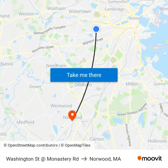 Washington St @ Monastery Rd to Norwood, MA map