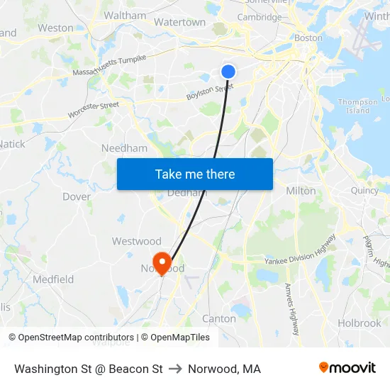 Washington St @ Beacon St to Norwood, MA map