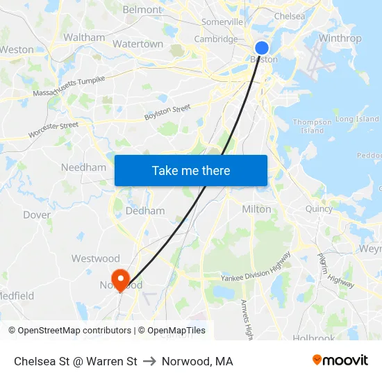Chelsea St @ Warren St to Norwood, MA map