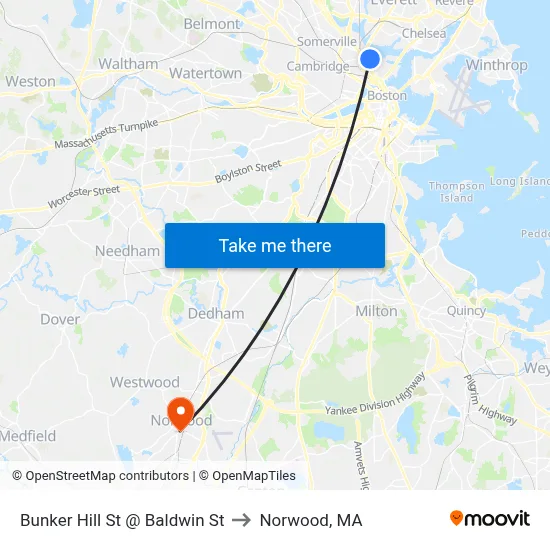 Bunker Hill St @ Baldwin St to Norwood, MA map