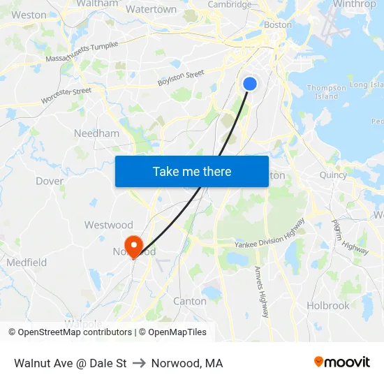 Walnut Ave @ Dale St to Norwood, MA map