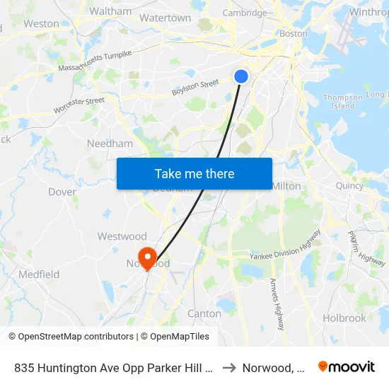 835 Huntington Ave Opp Parker Hill Ave to Norwood, MA map