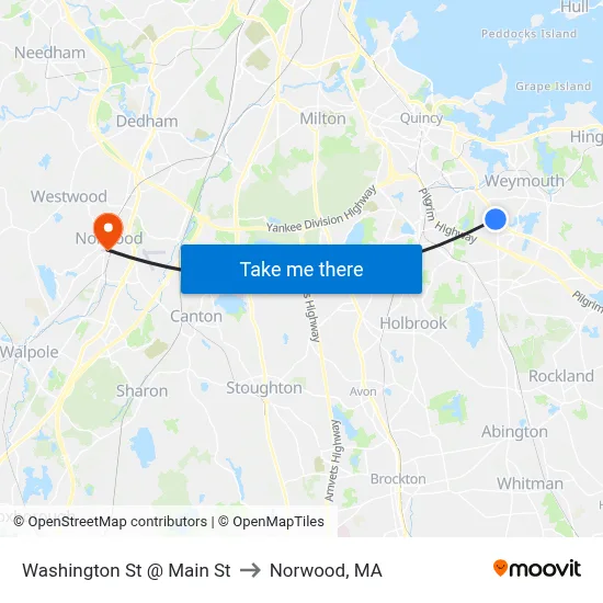 Washington St @ Main St to Norwood, MA map