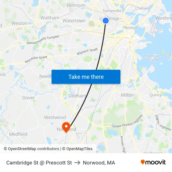 Cambridge St @ Prescott St to Norwood, MA map